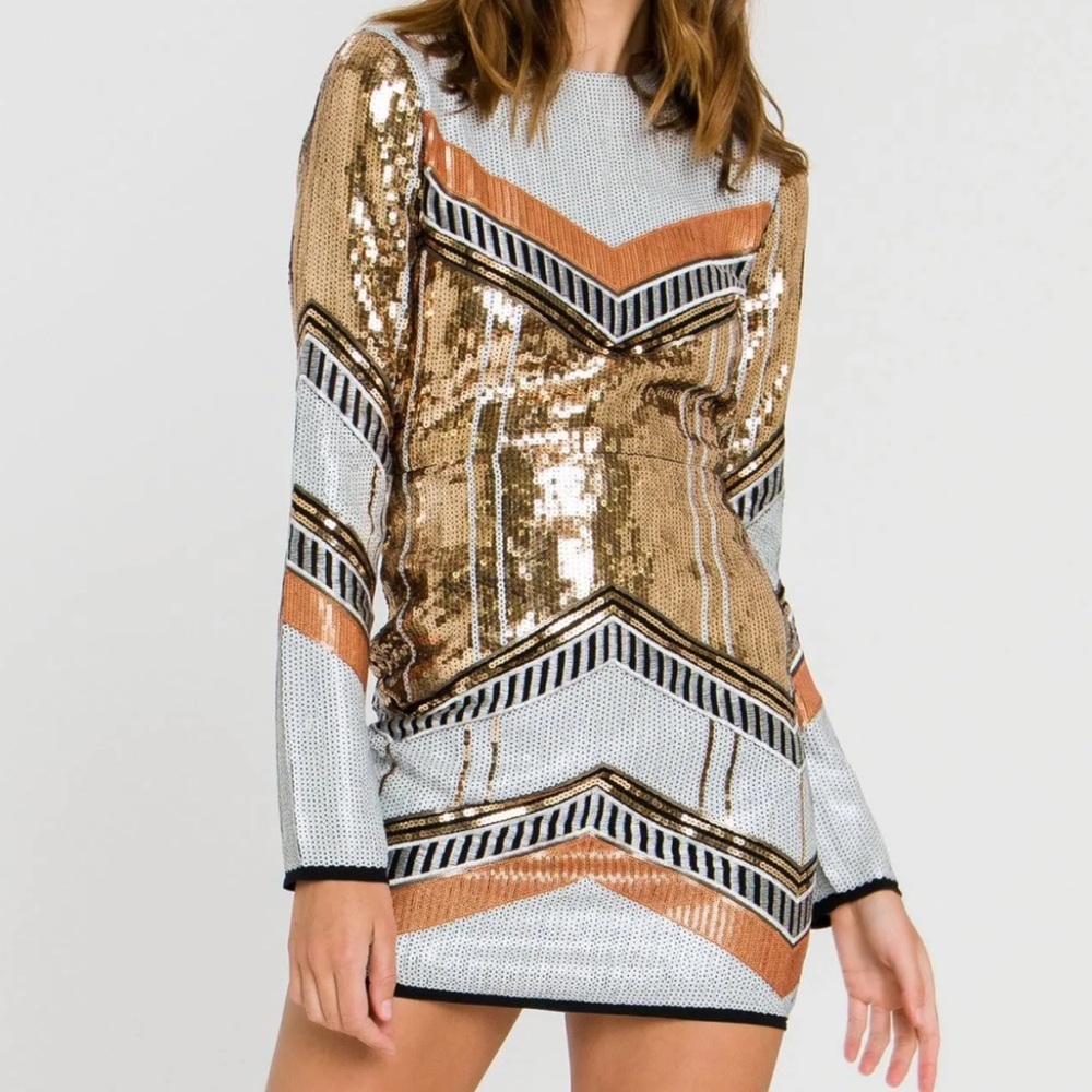 Endless Rose Sequin Backless Mini Dress Size Small Gold Black White NEW